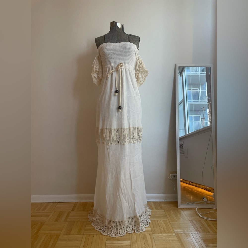 Off the shoulder, floor length, beachy Bohemian style cream dress